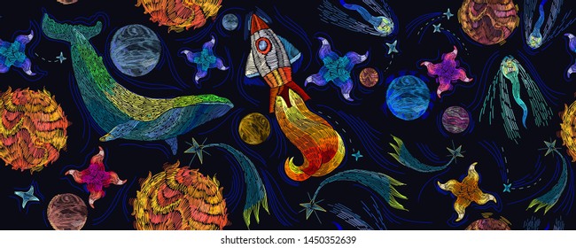 Embroidery universe, spaceship and blue whale seamless pattern. Rocket, planet, solar system, galaxy. Fantasy template for clothes, textiles, t-shirt design 