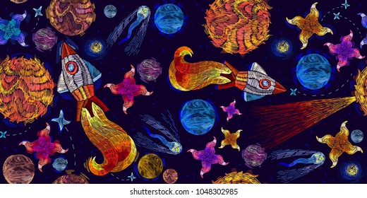 Embroidery universe and spaceship seamless pattern. Rocket, planet, solar system, galaxy. Space embroidery, planet and space rockets. Childish background t-shirt design 