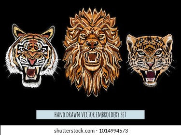 Embroidery vector colorful pattern set with lion, japanese tiger, leopard. Vector traditional folk fashion ornament on black background. 