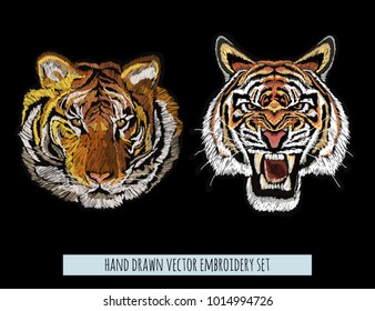 Embroidery vector colorful pattern set with  japanese tiger. Vector traditional folk fashion ornament on black background. 