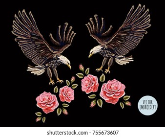 Embroidery vector colorful pattern set with eagles and roses. Vector traditional folk fashion ornament on black background. 