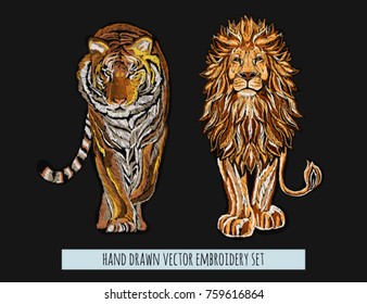 Embroidery vector colorful pattern set with lion, japanese tiger. Vector traditional folk fashion ornament on black background. 