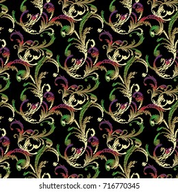 Embroidery vector floral seamless pattern in Baroque style. Black ornate background with gold green red flowers, scroll leaves and antique tapestry damask ornaments. Luxury grunge texture.
