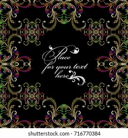 Embroidery vector floral seamless pattern frame in Baroque style. Black tapestry background with gold green red flowers, leaves and antique grunge arras damask ornament. Place for your design and text