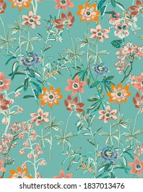 Embroidery Vector Flowers and Leaves Scribble Style Fashion Print Stylish Texture Elegant Concept Colorful Garden Look Wild Florals Turquoise Blue Background