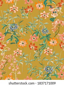 Vector de bordado Flores y hojas Estilo de forma esgrima Imprimir Textura Elegante Concepto Colorido Jardín Aspecto Florencia Salvaje Fondo de Mostaza Amarillo