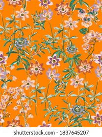 Vector de bordado Flores y hojas Estilo de forma esgrima Imprimir Textura Elegante Concepto Colorido Jardín Aspecto Florencia Flores salvajes Fondo Naranja Luminoso