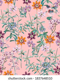 Vector de bordado Flores y hojas Estilo de forma esgrima Imprimir Textura Elegante Concepto de jardín colorido Aspecto Floración salvaje Polvo Fondo rosa