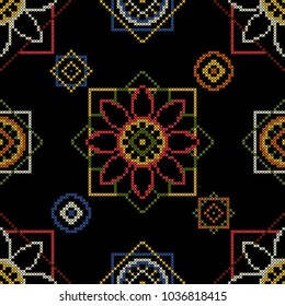 Embroidery vector illustration. Tissue sample. Seamless pattern
