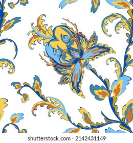 Embroidery vector ornamental print of paisley flowers and leaf. Seamless Persian traditional apparel pattern. Floral application for clothes design, fabrics, textile, handmade crafts. Mehndi texture