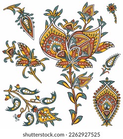 Embroidery vector ornamental set of paisley flowers and leaf. Persian traditional apparel pattern. Floral application for clothes design, fabrics, textile, handmade crafts. Brushes included 