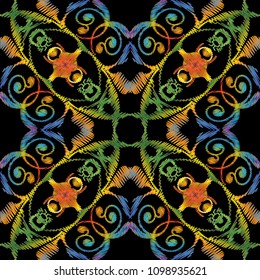 Embroidery vector seamless pattern. Colorful floral grunge background. Tapestry wallpaper. Abstract damask flowers, scroll branches, leaves, shapes, ornate baroque style ornaments. Embroidered texture
