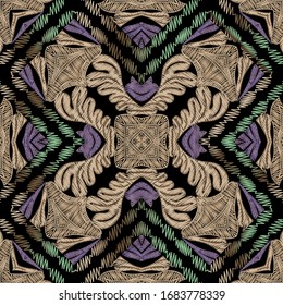Stickereien Vektorillustration nahtloses Muster. Farbiger floraler grunge Hintergrund. Tapisserie abstrakte Blumen, Blätter, Rahmen, Formen, Zickzacklinien, Streifen. Texturierte geometrische Ornamente. Bestickte Textur.