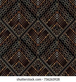 Embroidery vector seamless pattern. Tapestry geometric background wallpaper. Grunge surface embroidered 3d texture. Hatching gold geometric shapes, figures, rhombus, triangles.Lace wave lines, stripes