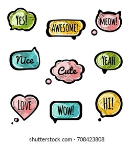 Embroidery vector speech bubble set. Nice, Yes, Love, Awesome, Meow, Hi, Wow, Cute, Yeah phrases in doodle style. Short dialog messages for print, web, graphic design. 