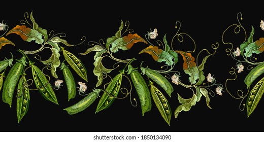 Embroidery vegetables pods of green peas. Template for clothes. Autumn harvest art. Horizontal seamless pattern 