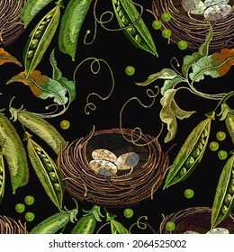 Embroidery vegetables pods of green peas, eggs in bird nest. Seamless pattern. Food, art background. Template for clothes. Autumn harvest concept 