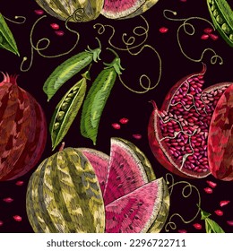 Embroidery vegetables pods of green peas and watermelon art fashion pattern. Template for clothes, t-shirt design