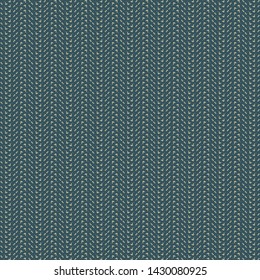 Embroidery with vertical strips, decorated with small geometric elements like stitches. Herringbone pattern in dark green and beige. Thick, rich textile fabric. Vector illustration.