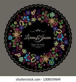 Embroidery vintage border with beautiful flowers. Floral ornament on dark background. Embroidery for fashion textile and fabric. Ornamental vector floral frame with exotc flowers on black background