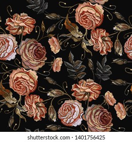 Embroidery vintage buds of roses on black background seamless pattern. Fashionable template for design of clothes, t-shirt design, tapestry flowers renaissance style vector 