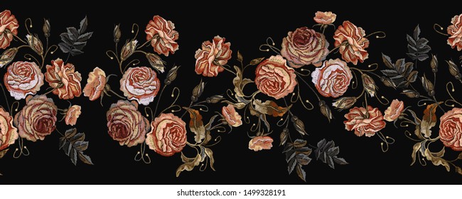 Embroidery vintage buds of roses on black background horizontal seamless pattern. Fashionable template for design of clothes, t-shirt design, tapestry flowers renaissance style 