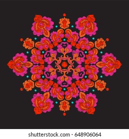 Embroidery vintage decorative elements in asian style on black background. Stock vector illustration.