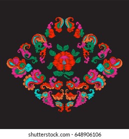 Embroidery vintage decorative elements in asian style on black background. Stock vector illustration.