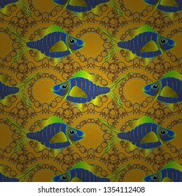 Embroidery vintage fish, water seamless pattern, japanese pattern. Classical embroidery, yellow, blue and brown colors. Vector illustration. T-shirt design.
