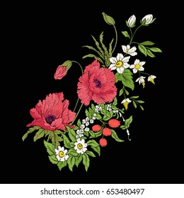 Embroidery vintage flowers bouquet of poppy, daffodil, anemone, 