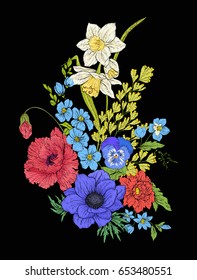 Embroidery vintage flowers bouquet of poppy, daffodil, anemone, 