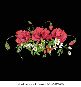 Embroidery vintage flowers bouquet of poppy, daffodil, anemone, 