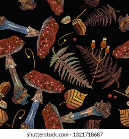 Embroidery vintage fly agarics mushrooms, gothic autumn forest seamless pattern, Fashion fall template for clothes, textiles, t-shirt design 