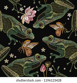 Embroidery vintage frogs, lotus flowers and butterfly seamless pattern. Classical embroidery frogs, pink lotuses, water lily. Clothes template, t-shirt design