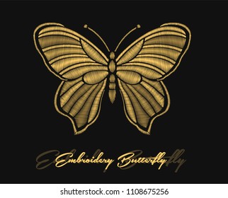 Embroidery vintage golden butterfly for fashion. Vector illustration