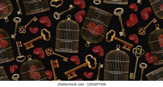 Embroidery vintage keys, red heart and golden bird's cages seamless pattern. Symbol of love, passion. Fashionable clothes, t-shirt design. Clothes, t-shirt textile design template 