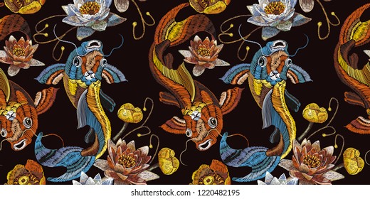 Embroidery vintage koi fish and water lily seamless pattern, japanese art. Classical embroidery koi carp, pink and white lotuses and water lilies, template fashionable clothes, t-shirt design 