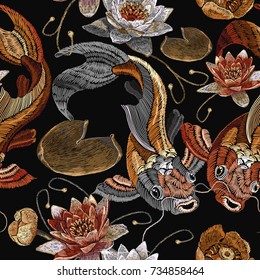 Embroidery vintage koi fish and water lily seamless pattern, japanese pattern. Classical embroidery koi carp, pink and white lotuses and water lilies, vintage template clothes, t-shirt design 