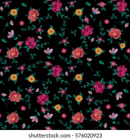 Bordado vintage simplificado padrão floral étnico sem costura. Vector tradicional rosas folclóricas ornamento em fundo preto para design