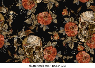 Embroidery vintage skull and roses seamless pattern. Gothic romanntic embroidery human skulls red roses and pink peonies pattern, clothes template and t-shirt design. Dia de muertos, day of the dead 