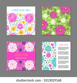 Embroidery vintage style square card set with bright colorful spring flower and leaf pattern. Ethnic ornamental blanks. Rustic design ornament brochures. EPS 10 vector. Clipping masks