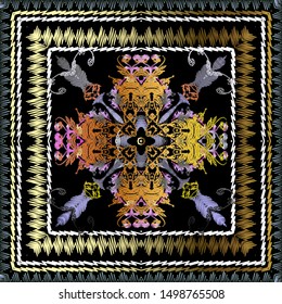 Embroidery vintage vector seamless pattern. Colorful geometric background with tapestry square frames. Embroidered flowers, leaves, zigzag lines, borders, shapes, stripes. Grunge ornate texture