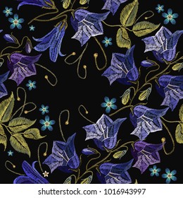 Embroidery violet flowers bells seamless pattern. Fashionable template for design of clothes. Beautiful cornflowers, classical embroidery seamless background vector 
