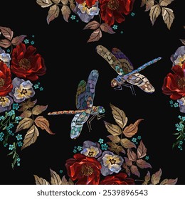 Bordado de flores violetas, libélulas, hierbas de prado y rosas rojas. Patrón floral sin fisuras. Plantilla de moda para prendas de vestir, textiles. Arte de jardín de verano. Ilustración botánica