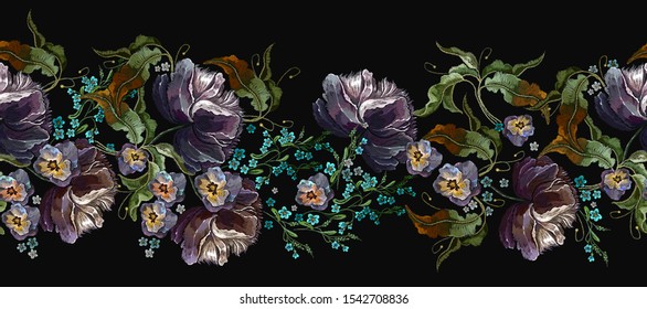 Embroidery violet flowers and lavender, horizontal seamless patern. Summer meadows herbs. Fashion template for clothes, t-shirt design 