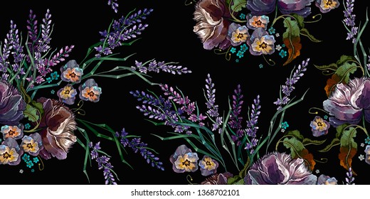 Embroidery violet flowers and lavender, summer meadows  herbs seamless pattern. Summer art. Fashion template for clothes, t-shirt design 