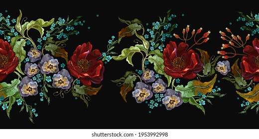 Embroidery violet flowers, meadow herbs and red roses. Horizontal seamless pattern. Fashion template for clothes, textiles. Summer garden art. Botanical illustration 