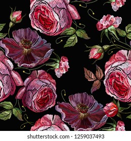 Embroidery violet flowers and pink roses flowers seamless pattern. Fashion template for clothes, textiles, t-shirt design 