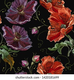 Embroidery violet flowers and red poppies seamless pattern. Summer art. Fashion template for clothes, textiles and t-shirt design 