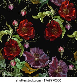 Embroidery violet flowers and red roses. Garden art. Botanical illustration. Summer seamless pattern. Fashion template for clothes, textiles and t-shirt design 